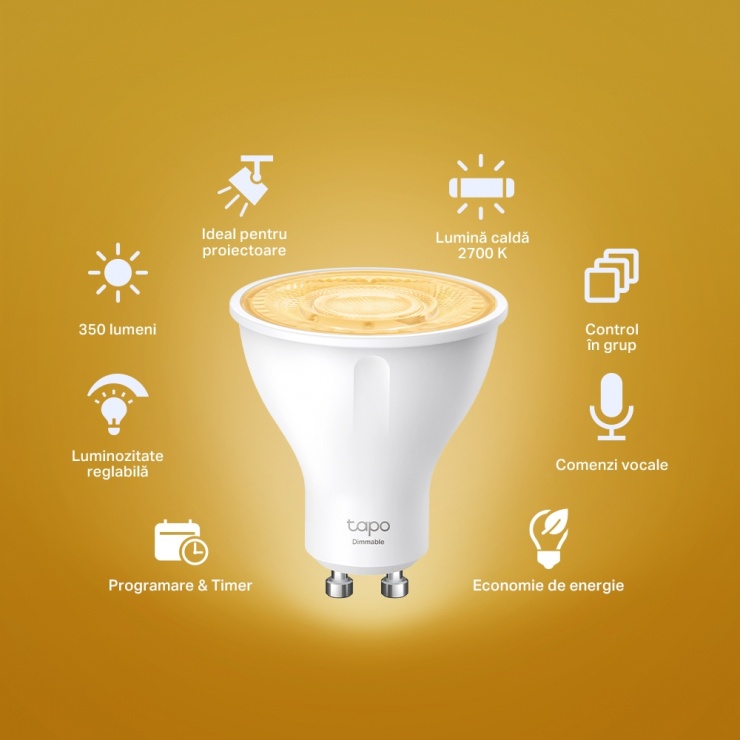 Imagine Bec LED inteligent Wi-Fi Smart GU10 lumina calda/intensitate reglabila, TP-LINK Tapo L610